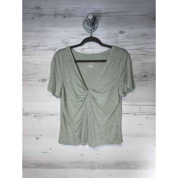 A New Day Shirt Womens Medium Heather Sage Green Linen Blend Twist Front V Neck - Picture 1 of 9